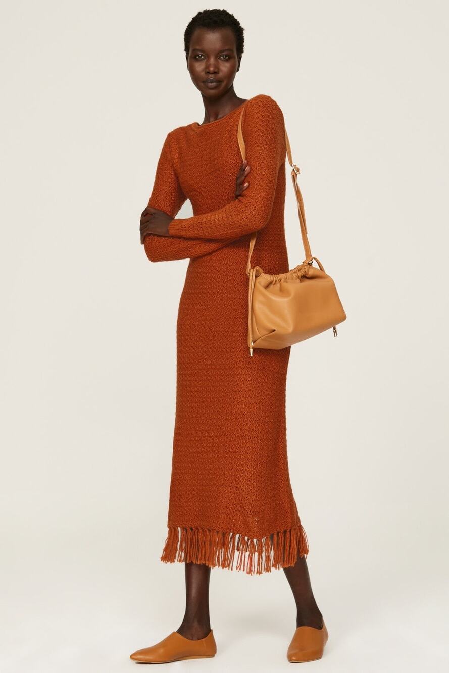 Pamela Love Orange Fringe Long Sleeve Knit Sweater Midi Dress Size XL